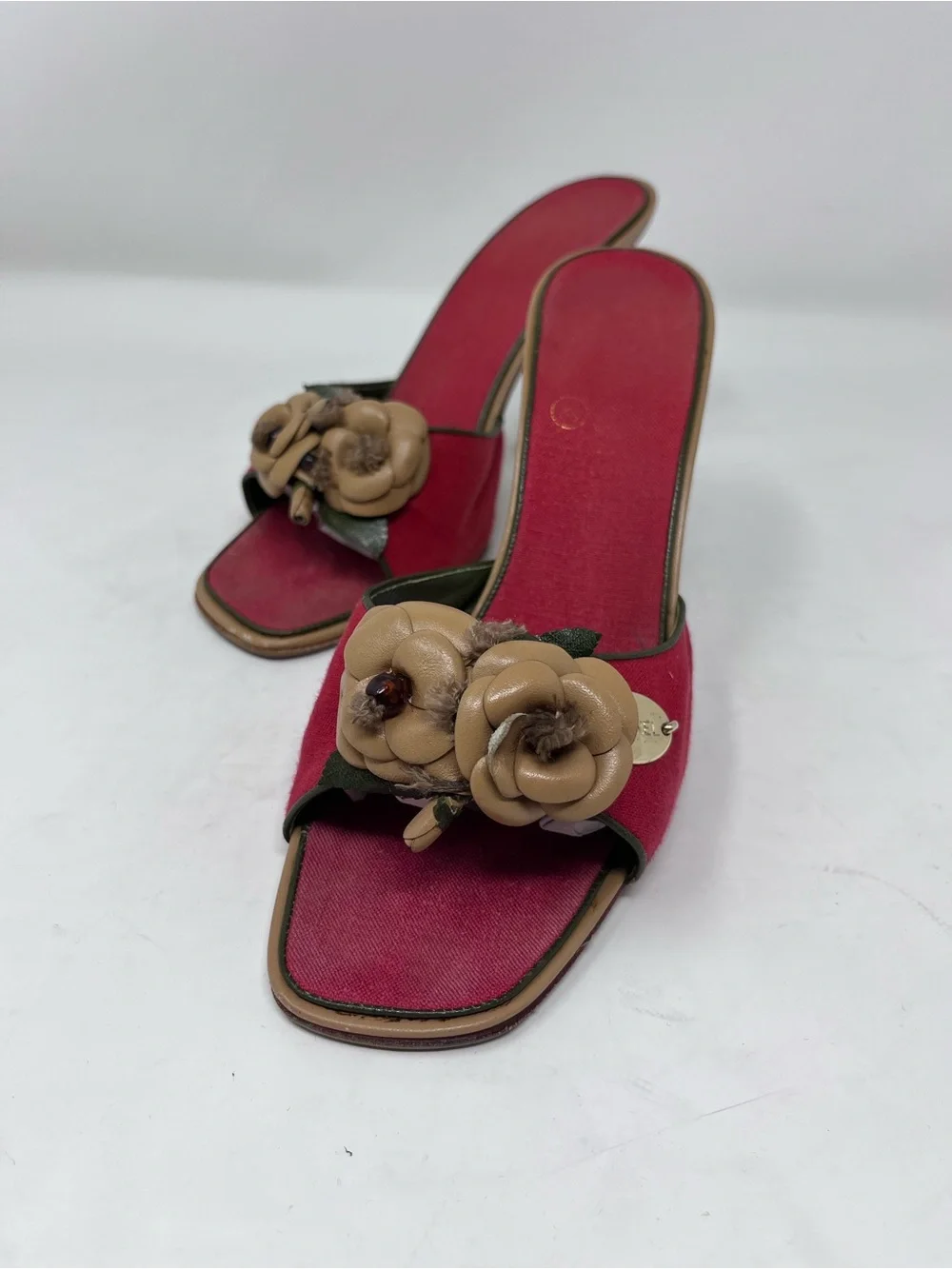 Vintage Chanel Camellia Mule Heel Sandal Red Canvas Chanel Logo Y2K size 36.5